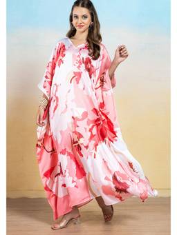 LABEL AARNA - Red Ruby Flora Soft Satin Women Dress Kaftan