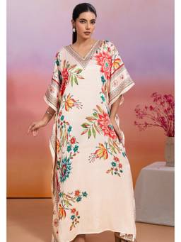 LABEL AARNA - Cream Retro Radiance Soft Satin Kaftan Dress