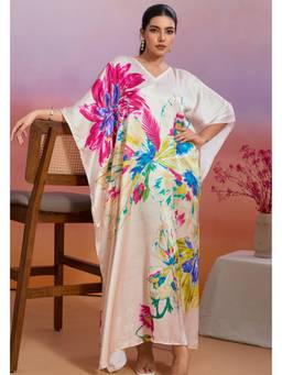 LABEL AARNA - White Flutterwave Soft Satin Kaftan Dress
