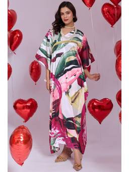 LABEL AARNA - White Flow Swirl Soft Satin Kaftan Dress