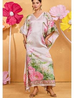 LABEL AARNA - Floral Valley Soft Satin Kaftan Dress