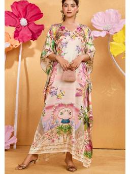 LABEL AARNA - Cream Victorian Soft Satin Women Kaftan Dress