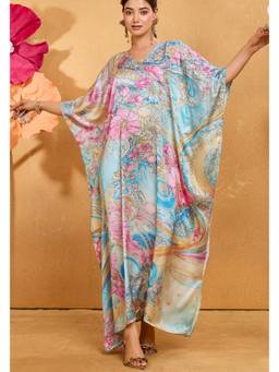 LABEL AARNA - Blue Whimsical Swirl Soft Satin Kaftan Dress