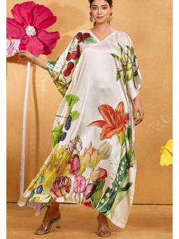LABEL AARNA - Off White Flemish Soft Satin Kaftan Dress