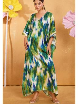 LABEL AARNA - Blue Moss Soft Satin Kaftan Dress