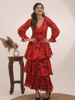 KHAMNA - Red Layered Full Sleeves Midi Dress