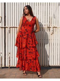 KHAMNA - Red Layered Sleeveless Midi Dress