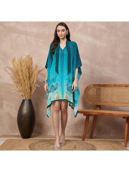 First Resort by Ramola Bachchan - Teal Marine Printed Tunic with Scarf Neck Detail