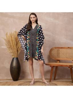 First Resort by Ramola Bachchan - Black Polka Dot Floral Kaftan Dress