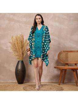 First Resort by Ramola Bachchan - Teal Polka Dot Floral Kaftan Dress