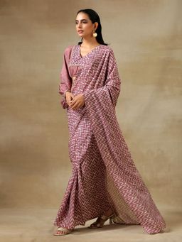 trueBrowns - Dark Mauve Bandhani Printed Silk Pre-Pleat Stitched Saree
