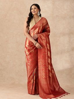 Taashi - Crimson Gold Mashru Stripe Saree