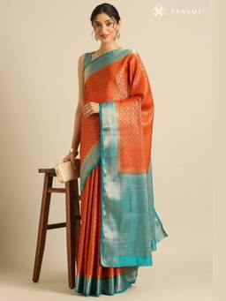 Taashi - Rust Orange Banarasi Crepe Saree