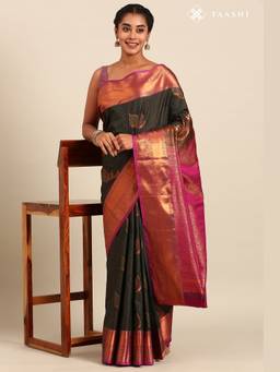 Taashi - Charcoal Silk Kattam Kanjivaram Weave Saree