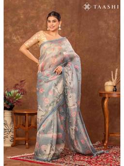 Taashi - Dewy Slate Lotus Saree
