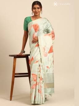 Taashi - Pastel Sage Multi-Color Tussar Printed Embroidered Multi-Color Saree