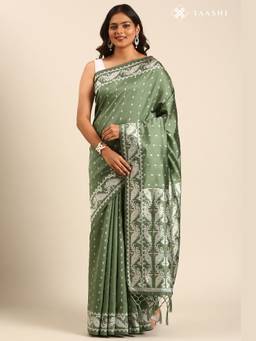 Taashi - Dusty Green Silk Satin Weave Saree
