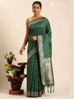 Taashi - Forest Green Silk Satin Weave Saree