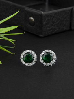 E2O - Self Design Green Diamond Round Shaped Stud Earring with Black Colour Stone