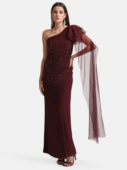 Kazo - Maroon One Shoulder Maxi Dress With Drape And Embellishment