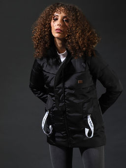 Campus Sutra - Black Women Stylish Solid Casual Bomber Jacket