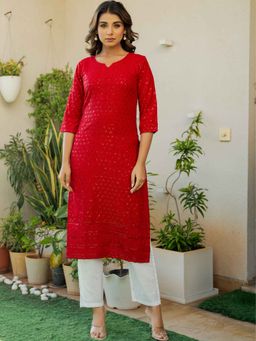 Pretty Pallu - Red Noor Floral Chikankari Sequin Kurta with Pant (Set of 2)