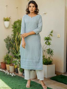 Pretty Pallu - Blue Noor Floral Chikankari Sequin Kurta with Pant (Set of 2)