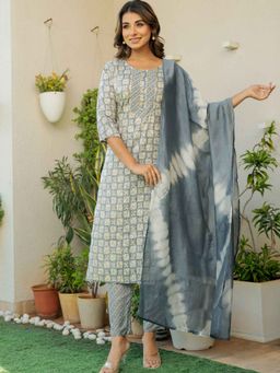 Pretty Pallu - Grey Petal Charm Gotta Work Kurta with Pant and Dupatta (Set of 3)