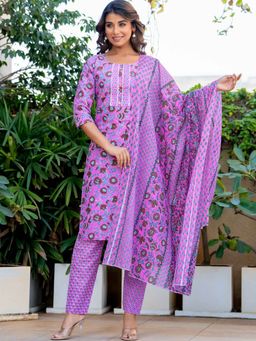 Pretty Pallu - Purple Floral Breeze Kurta with Pant and Dupatta (Set of 3)