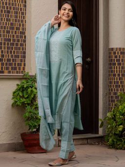 Pretty Pallu - Blue Isha Pastel Bloom Kurta with Pant and Dupatta Kurta with Pant and Dupatta with Pant and Dupatta (Set of 3)
