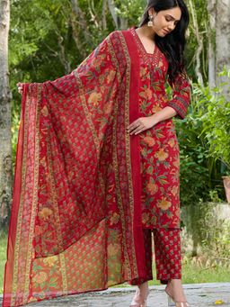 Pretty Pallu - Red Spring Garden Kurta with pant and Dupatta (Set of 3)