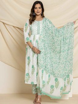Pretty Pallu - Green A-Line Blossom Anarkali with pant and Dupatta (Set of 3)