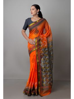 Unnati Silks - Orange Pure Block Printed Kota Cotton Saree with Unstitched Blouse