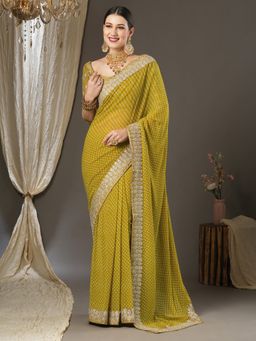 Akhilam - Womens Georgette Olive Zari Embroidered Designer Saree with Unstitched Blouse