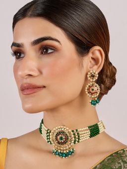 Azai by Nykaa Fashion - Green Pearl Beaded Festive Choker & Earrings (Set of 2)