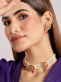 Azai by Nykaa Fashion - White & Red Circular Kundan Pearl Beaded Festive Choker & Earrings (Set of 2)
