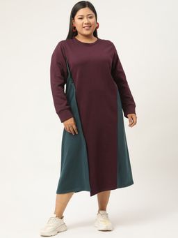 theRebelinme - Plus Size Women Maroon and Teal Color Block A-Line Knitted Dress