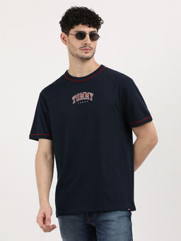 Tommy Hilfiger - Navy Blue Embroidered Logo Regular Fit Cotton T-Shirt