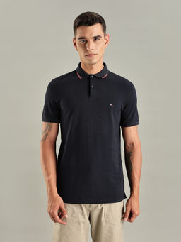 Tommy Hilfiger - Navy Blue Solid Regular Fit Cotton Polo T-Shirt