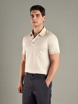 Tommy Hilfiger - Beige Textured Slim Fit Cotton Polo-T-Shirt