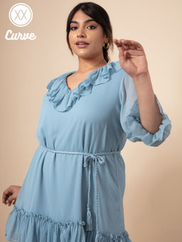 Twenty Dresses by Nykaa Fashion - Curve Blue Solid V Neck Knee Length Dress
