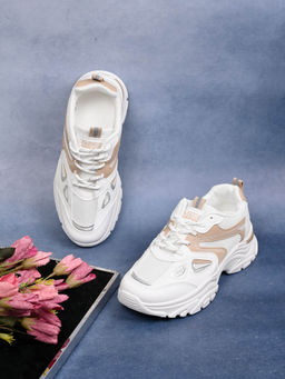 Jove - Women White and Khaki Colour Blocked Sneakers
