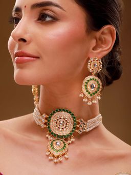 Voylla - Green Brass Kundan Necklace with Pair Of Earrings