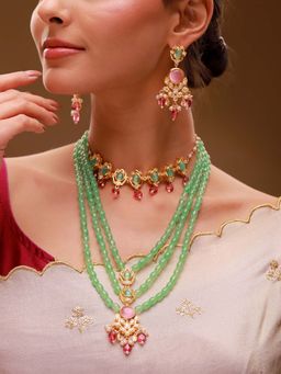 Voylla - Multi-Color Brass Kundan Necklace with Pair Of Earrings