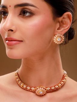 Voylla - White Brass Kundan Necklace with Pair Of Earrings