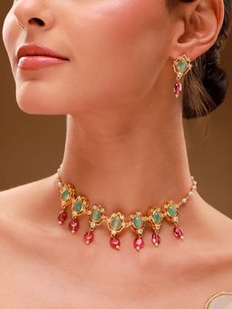 Voylla - Multi-Color Brass Kundan Necklace with Pair Of Earrings