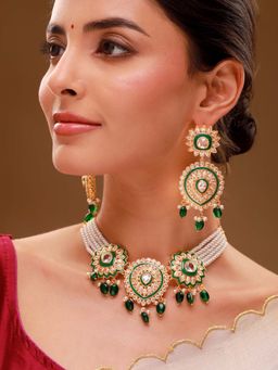 Voylla - Green Brass Kundan Necklace with Pair Of Earrings