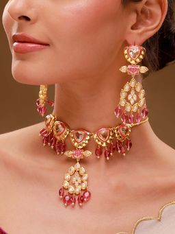 Voylla - Pink Brass Kundan Necklace with Pair Of Earrings