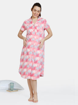 Zivame - Maternity Knit Cotton Mid Length Nightdress - Pink Icing