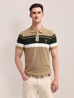 U.S. POLO ASSN. - Mens Beige Slim Fit Striped Polo T-shirt